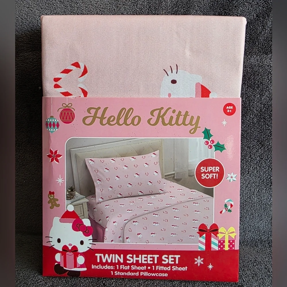 New pink Hello Kitty Twin Sheet Set Christmas candy cane Valentine's heart print